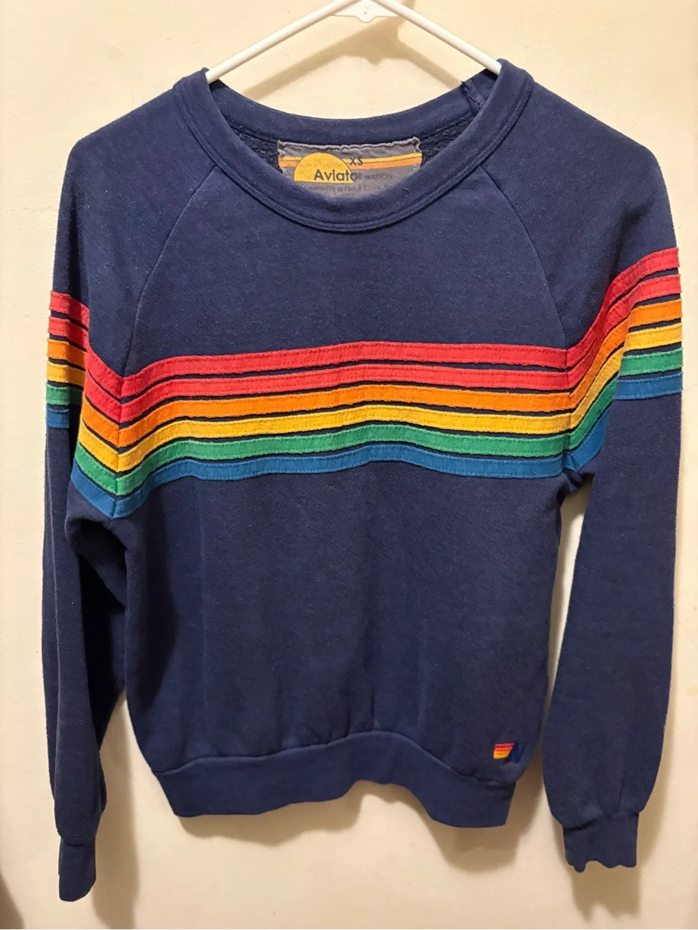 Aviator Nation Navy 5 stripe women’s crew XS flaw in photos